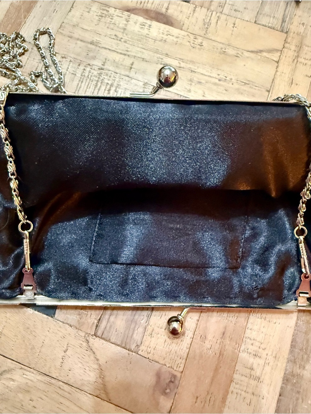Vintage Style Black Satin Evening Clutch Purse with Silver Beaded Frame & Chain - Picture 5 of 6
